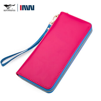 Septwolves women's long wallet genuine leather ticket holder head layer cowhide vertical wallet birthday gift for girlfriend, wife and mom style three rose red with zipper