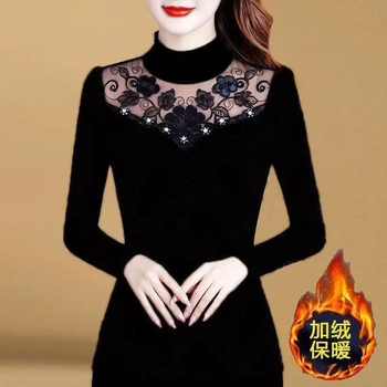 Chonglin velvet bottoming shirt for women, long-sleeved mesh shirt, autumn and winter new large size t-shirt, warm lace top for inner wear and outer wear 221 (plus velvet for warmth) xl (105-115 pounds)