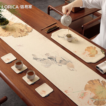 Lorica new chinese style waterproof table flag cotton and linen tea mat cushion zen tea cloth tea table light luxury tea flag high-end tea table special cloth shuangqiu-beige table length 2.3-2.6 meters table flag 30*300cm