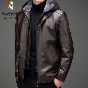 Woodpecker (tucano) high-end haining genuine leather jacket sheep men's velvet winter hooded thickened velvet dad casual leather jacket coat brown leather jacket with hood 170/m (90-110 catties)