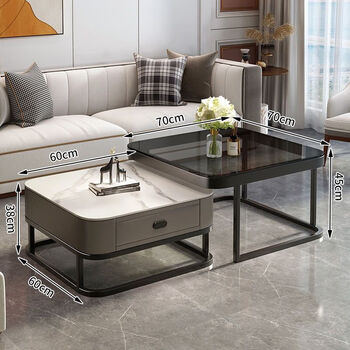Spring pastoral internet celebrity slate coffee table living room home nordic light luxury modern square combination glass small apartment simple tea 70 gray glass + 60 white slate (black frame gray smoked delivery to home