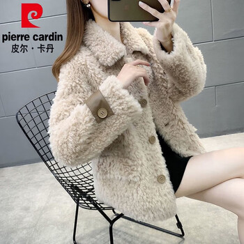 Pierre cardin lamb plush fur one-piece granular velvet short women's jacket 2025 trendy spring autumn and winter new fashion tops apricot m recommended to be around 105 pounds