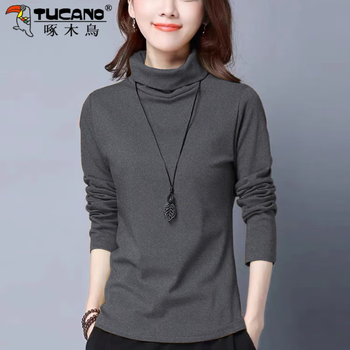 Woodpecker pure cotton korean style turtleneck bottoming shirt for women with long sleeves and spring and autumn t-shirts, loose clothes, simple, fashionable and versatile tops, high-end dark gray xl, recommended 120-132 catties
