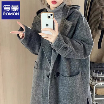 Romon's new autumn and winter retro horn button woolen thick coat, high-end hepburn style small woolen coat for women, high-end gray, this year's popular woolen coat/high-end xl 60/65kg
