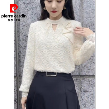 Pierre cardin lace bottoming shirt for women european three-dimensional flower velvet 2025 spring new half turtleneck puff sleeve sweater top off-white (no velvet) fabric m recommended 90-110 pounds