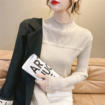 Yu zhaolin half turtleneck knitted bottoming shirt for women autumn and winter small fragrance style pearl sweater lace long-sleeved inner top