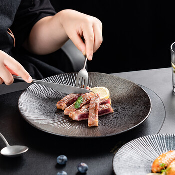 Onlycook japanese ceramic plate, dinner plate, western plate, steak plate, fruit plate, retro microwaveable 10-inch black