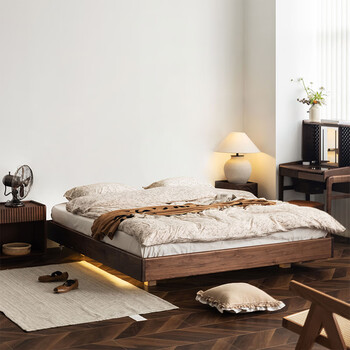 Wuying japanese-style floating bed without headboard black walnut solid wood double bed nordic backless tatami short bed with lights three-sided red oak + pine rib frame ready stock 1200mm*2000mm frame structure