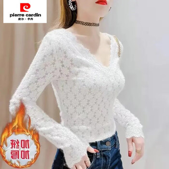 Pierre cardin white v-neck lace bottoming shirt for women spring new fashion style inner slim-fitting shirt short long-sleeved mesh top white style plus velvet m recommended 90-100 pounds