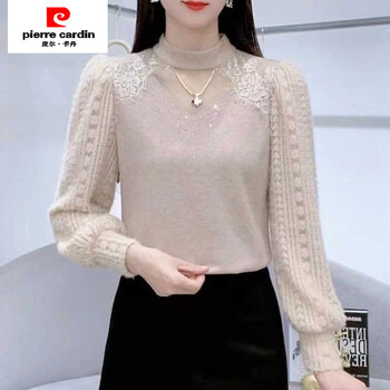 Pierre cardin (pierre cardin) this year's popular velvet thickened lace bottoming shirt for women, fashionable, slim, half-turtle collar, temperamental splicing knitted top, apricot l 80-100 pounds