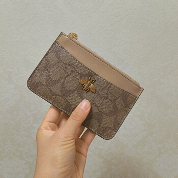 Kuqi kangaroo print zipper coin purse women's internet celebrity wallet soft leather short style simple small coin bag apricot