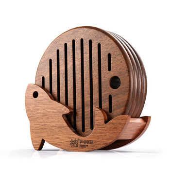 Berson youjia black gold sandalwood solid wood insulation mat for everyone, dishes, plates, dining tables, anti-scalding heat insulation mats, high temperature pot mats, black gold sandalwood set (4 stripes + fish-shaped base)