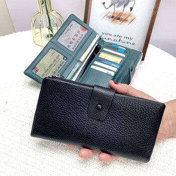 Sephoron new year long wallet zippered coin purse women's versatile 2026 new genuine leather large capacity wallet for mobile phones black