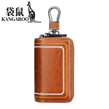 Kangaroo (kangaroo) 2025 chinese valentine's day genuine leather car key bag women's multi-functional cowhide door key bag fashionable embroidery thread key brown genuine leather