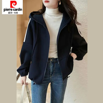 Pierre cardin fashionable versatile hooded cardigan jacket for women 2025 autumn and winter new korean casual sports short jacket baseball uniform for women black l 105-120 jin