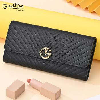 Goldlion women's wallet 2025 new high-end women's small wallet genuine leather long luxury clutch brand wallet fashion black fake one get ten loss coin card holder two-in-one