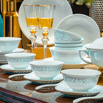 Miaoxun jingdezhen high-end celadon exquisite tableware bowls and plates set household tableware underglaze color housewarming celebration celadon exquisite tableware for six people 46 pieces (no gold rim)