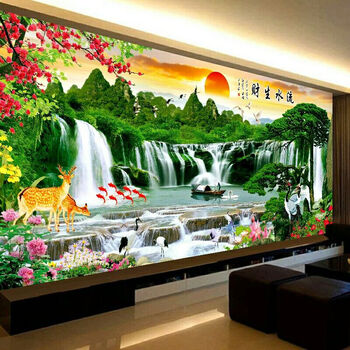 Kecss cross stitch thread embroidery 2025 new style flowing water makes money living room landscape painting scenery welcoming guests pine full embroidery handmade embroidery cotton thread 150*60cm medium grid 3 strands