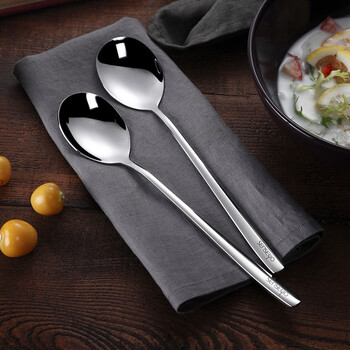 Long-lasting korean-style household 304 stainless steel breakfast spoon internet celebrity spoon long handle stirring iron small spoon flat steel style 3-pack