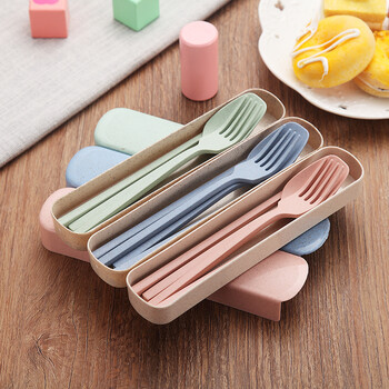 Xiderun wheat chopsticks, forks and spoons portable tableware set, chopsticks, spoons, forks and spoons, portable travel student and children's set, pull-out box nordic powder 3-piece set