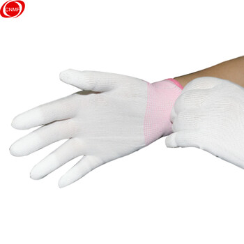 Moufu pu wear-resistant finger-coated rubber-coated 13 knitted nylon yarn anti-static dust-proof anti-slip wear-resistant dust-free electronics factory labor protection breathable work gloves s size (pink edge)