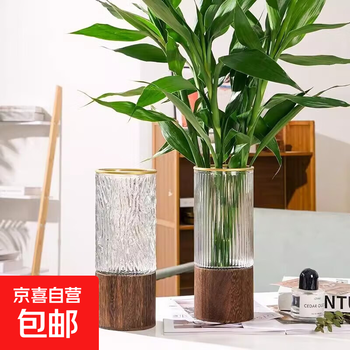 Simple creative wooden support glass vase straight silver willow dry vase rich bamboo large vase living room decoration ornaments transparent cold pattern round vase wooden support 25cm