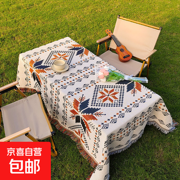 Camping dual-purpose tablecloth ins style bohemian picnic mat outdoor cover blanket lawn moisture-proof mat tent blanket orange maple double-sided 90*150cm