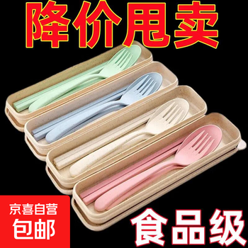 Wheat straw chopsticks, fork and spoon three-piece set for work, portable tableware set, student travel box, rice spoon, chopsticks and fork, random 1 set (random color)