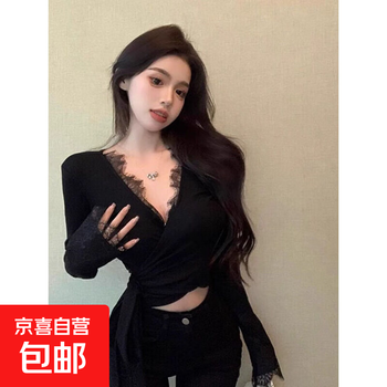 Black sexy v-neck lace splicing strap top women's autumn new slim long-sleeved bottoming shirt with xxc black high quality xl 116-128 pounds