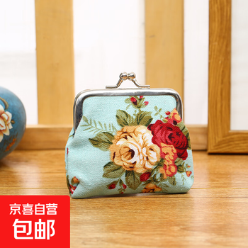 Retro coin purse rose fabric wallet mini canvas bag mouth gold concealed buckle coin bag storage mini blue single pack