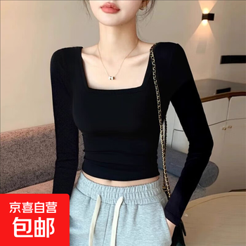 Autumn and winter square neck long-sleeved t-shirt for women, right shoulder, slim fit, short style, stylish inner bottoming shirt, navel exposed, versatile tops 996-black square neck m, recommended 85-96 pounds