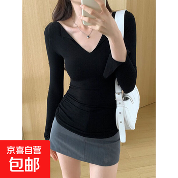 V-neck long-sleeved t-shirt for women in spring and autumn, thin, tight-fitting inner layer that can be worn outside, slim-fitting, shoulder-length top xxc, black, high quality, m 90-105 pounds