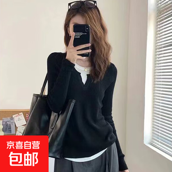 Autumn and winter chic top black fake two-piece v-neck long-sleeved t-shirt for women with inner design niche slimming bottoming shirt 725-black xl recommended 115-130 pounds