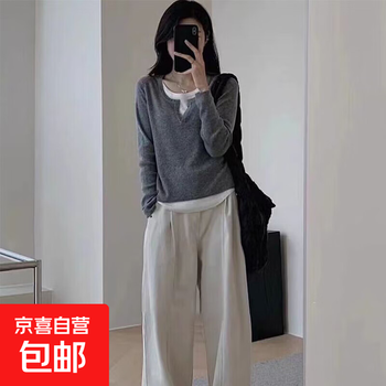 Autumn and winter inner wear design niche slim fit bottoming shirt chic tops fake two-piece v-neck long-sleeved t-shirt for women 725-grey xl recommended 115-130 pounds