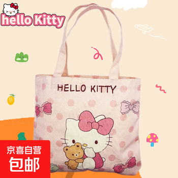 Cartoon kt kitten canvas bag cute cat large capacity women's handbag multiple patterns student handbag polka dot kt (without card holder)