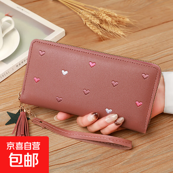 New wallet women's multifunctional embroidered solid color mobile phone bag casual fashion shopping convenient long clutch bag dark pink