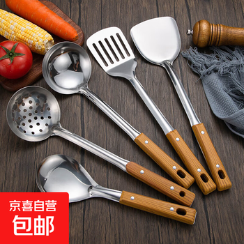 Stainless steel anti-scald handle spatula soup spoon colander set kitchen household cooking spatula thickened 5-piece set must-use for kitchen cooking (recommended)