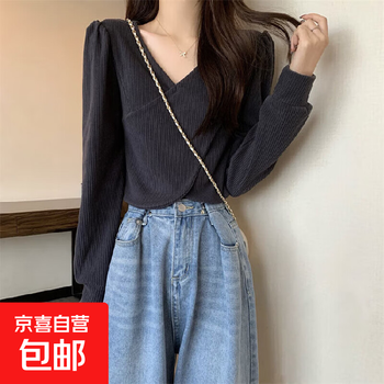 Short v-neck bottoming shirt for women with niche design, high-waisted long-sleeved t spring and autumn puff-sleeved irregular top wx dark gray s
