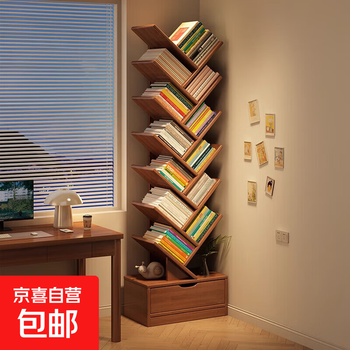 Solid wood tree-shaped children's bookshelf storage rack floor-standing home living room wall-mounted simple storage shelf that does not take up space. the first choice for families. oak color 10-layer open 1.2