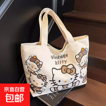 Cartoon bow new japanese minimalist canvas bag shoulder class commuting wear-resistant handbag kt cat canvas bag