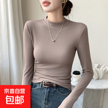 Half turtleneck bottoming shirt for women in autumn and winter with velvet and thick inner fit, slim brushed white long-sleeved top, khaki 2xl, suitable for 140-160 pounds