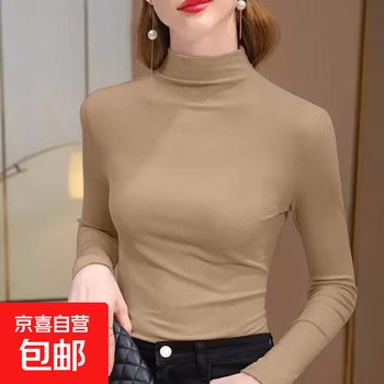 Threaded half-turtle collar bottoming shirt 2025 autumn and winter new slim long-sleeved t-shirt women's tops can be worn outside, western style 1007-khaki 2xl recommended 115-125 pounds