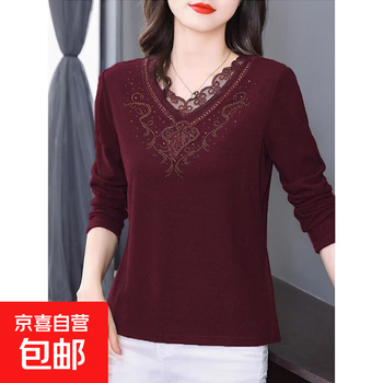 Derong v-neck bottoming shirt for women in autumn and winter, new style, middle-aged mother style long-sleeved t-shirt, large size inner warm top, red xl, recommended 105-120 catties