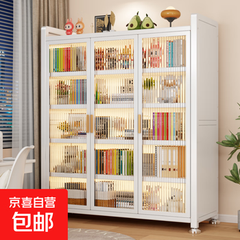 Steel bookcase with door children's bookshelf home living room display cabinet wrought iron storage rack floor-standing dust-proof storage cabinet white-three-open 6-layer 1200*420*1740mm