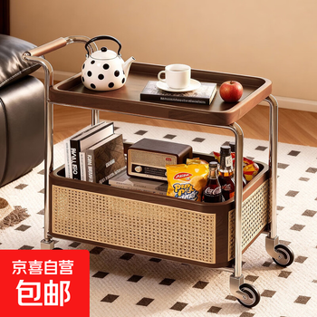 Sofa movable side table trolley living room household coffee table table side cabinet antique style solid wood small table storage rack pure solid wood - fully assembled and delivered to your door retro walnut trolley