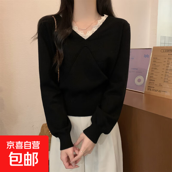 2025 spring stunning v-neck lace spliced top women's fashionable slim knitted sweater korean style bottoming shirt black one size