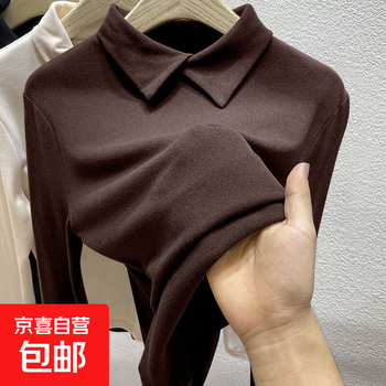 Large size 2025 autumn and winter double-sided german velvet bottoming shirt polo collar slim long-sleeved tops women's warm inner t-shirt brown 4xl recommended 160-170 pounds