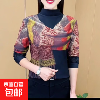 2025 autumn and winter double-sided velvet design printed middle-aged and elderly half-high collar stretch t-shirt slimming belly-covering top red xl recommended 115-130 pounds