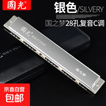Guoguang guozhimeng 28 24-hole harmonica polyphonic c key beginner students children adults entry-level performance 28-hole polyphonic rich silver