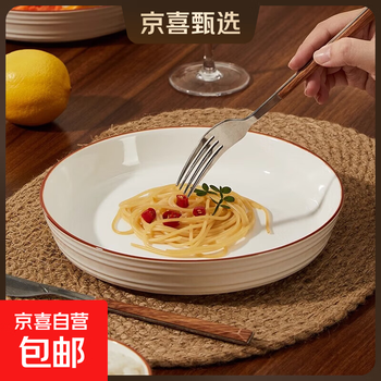 European-style high-end ceramic plate round thickened deep plate retro simple tableware pure white line-8 inch rice plate 2 pack
